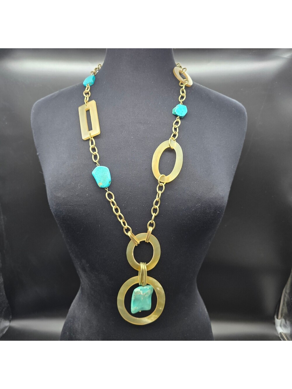 Chico's Horn and Turquoise Asymmetrical Statement Necklace Chunky Boho Y-Neck